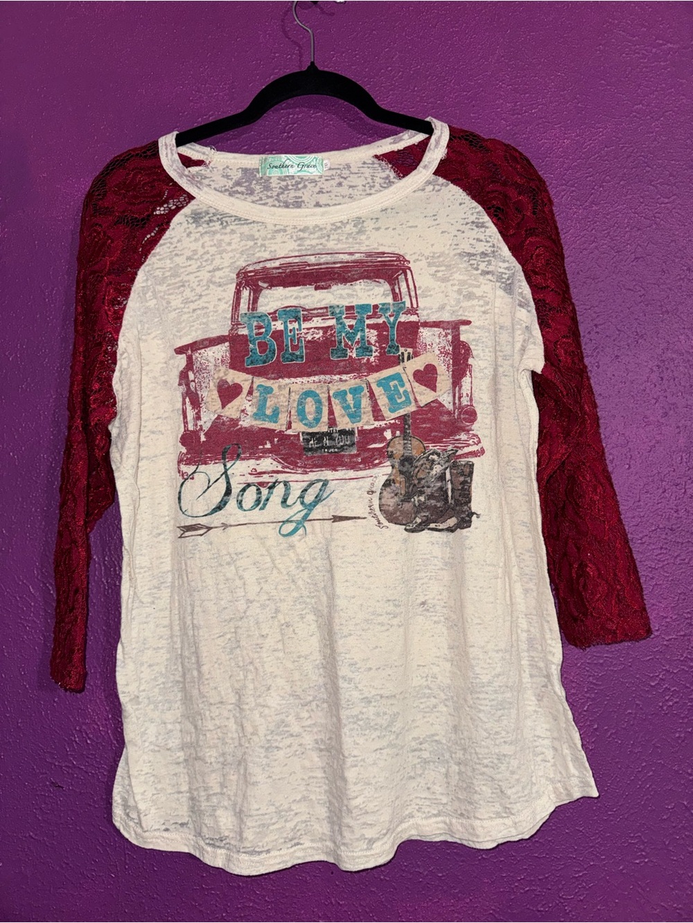 Southern Grace Cream Raglan Tee with Burgundy Lace Sleeves
